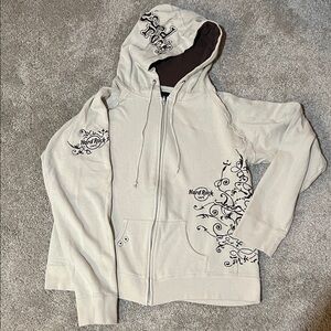 Hard Rock Cafe Cream Hoodie with Brown Design
